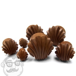 1 Pair of Carved Sea Shell Wood Plugs - Double Flares (0G - 1 Inch) - Double Flare - New!