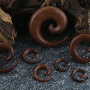 May include: A set of six wooden spiral ear gauges in various sizes. The gauges are made of dark brown wood and have a smooth, polished finish.