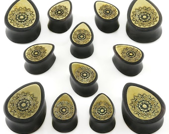 Areng Wooden Teardrop Plugs with Mandala Brass Inlay - Sizes / Gauges (5/8" - 1 Inch)