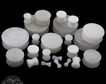 White Quartz Stone Plugs - Double Flare (8G - 1 & 1/4" Inch) Sold In Pairs - New!