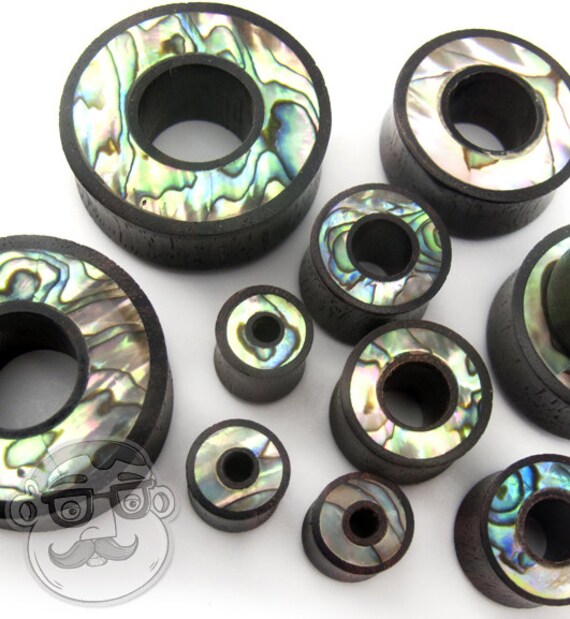 Saba Wood Tunnel Plugs With Abalone Shell Inlay Pair of 1 /& 1//4 Inch 32mm