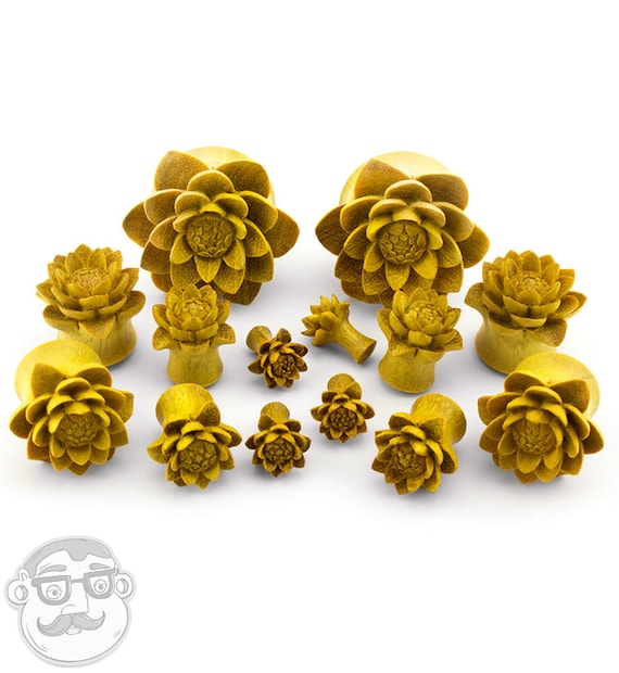 2G up to  1 & 1/4" Inch Gauges Carved Camellia Flower Wood Plugs 