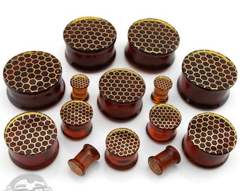 Honeycomb Glass Plugs - Sizes / Gauges  (0G up to 1 & 1/8" Inch)