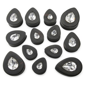 Areng Wooden Teardrop Plugs with Teardrop Swarovski CZ Inlay