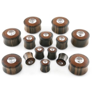 May include: A collection of wooden ear plugs with a dark brown and light brown striped pattern. Each plug features a clear, round, sparkling gem set in a lighter brown wood. The plugs vary in size and shape, showcasing a variety of designs.