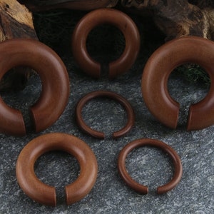 May include: Five wooden ear gauges of varying sizes, ranging from small to large. The gauges are all a dark brown color and have a smooth, polished finish.