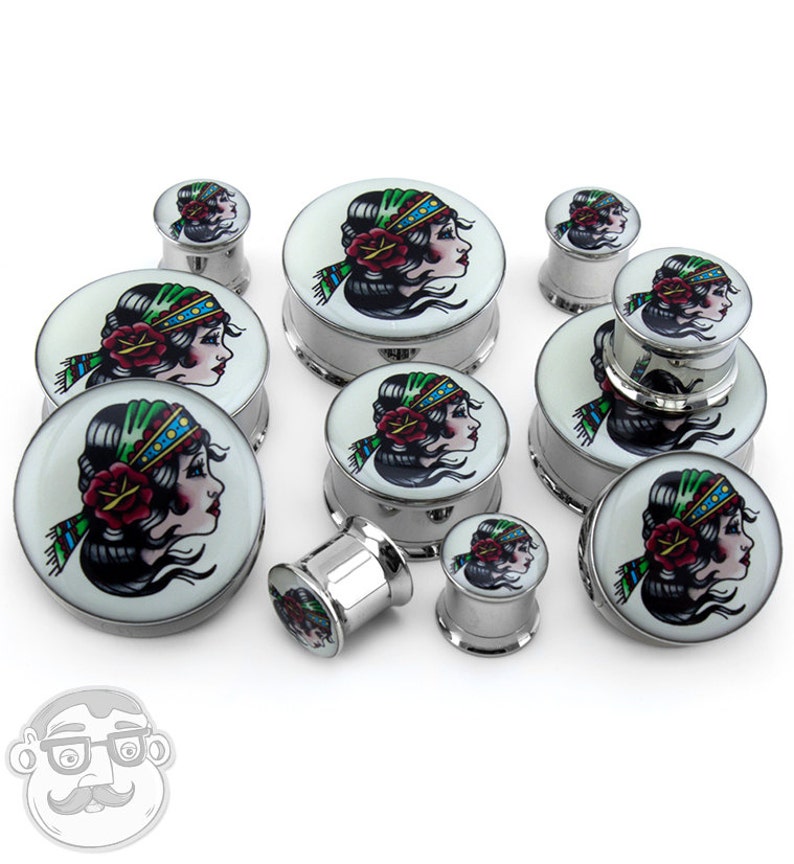 00G - 1 Inch Gypsy Girl Tattoo Steel Plugs Sizes Gauges