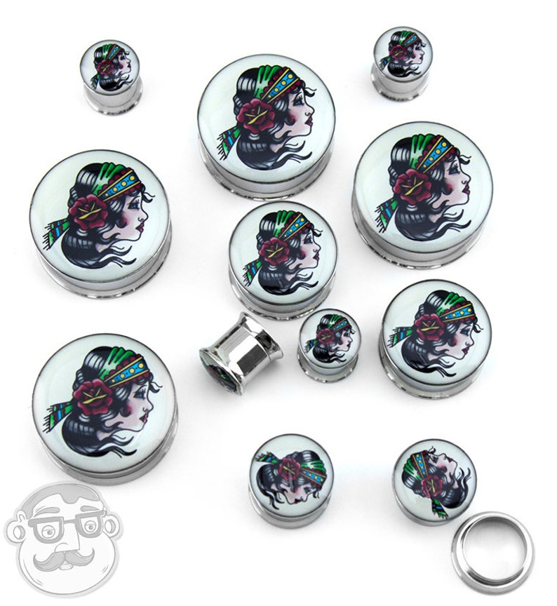 00G - 1 Inch Gypsy Girl Tattoo Steel Plugs Sizes Gauges