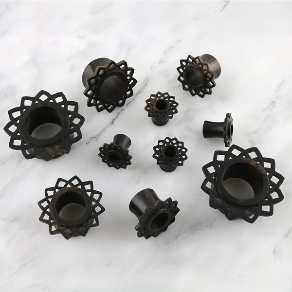 Handmade Tribal Floral Star Spiral Ear Stretchers - Organic Areng Wood Plugs (Black, Pair)