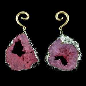 Pink Druzy Agate Slice Brass Hangers / Ear Weights
