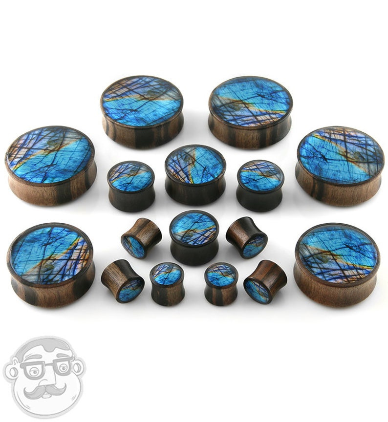 Saba Wood Tunnel Plugs With Abalone Shell Inlay Pair of 1 /& 1//4 Inch 32mm