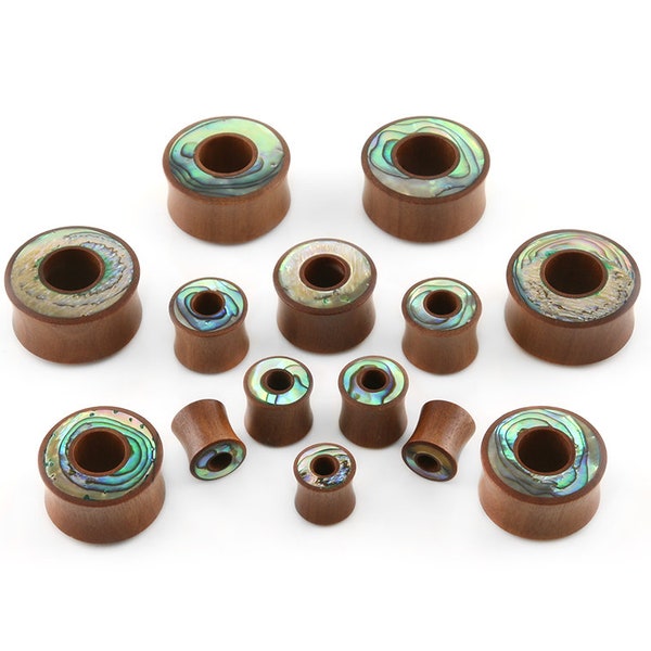 Saba Wood Tunnel Plugs With Abalone Shell Inlay