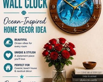 Dolphin Wall Clock Coastal Ocean Home Decor Nautical Beach House Wall Art