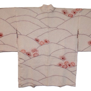 VINTAGE Silk Shibori Haori, Baby pink with lavender mountains and pink flowers, Large (H006)