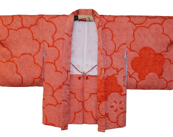 VINTAGE Silk Shibori Haori, Orangesicle Puffy Flowers with Pastel Floral Shell (H018)