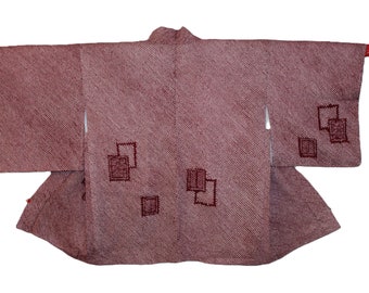 VINTAGE Silk Shibori Haori, Purple Cabbage Boxes with Unicorn Purple Tie (H017)