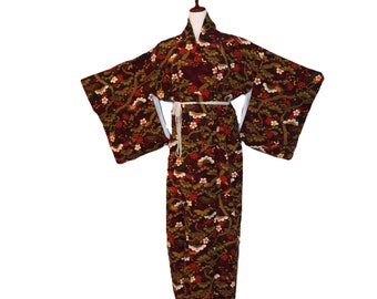 VINTAGE Silk Chirimen Kimono, Oxblood  with Traditional Bold Plants (K003)