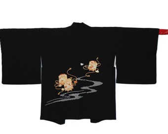 VINTAGE Haori, Black Silk, Candy Boxes in Orange and Gold (H015)