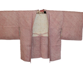 VINTAGE Silk Shibori Haori, Valentine Pink & Red with Cherry Blossom Lining, Medium (H005)