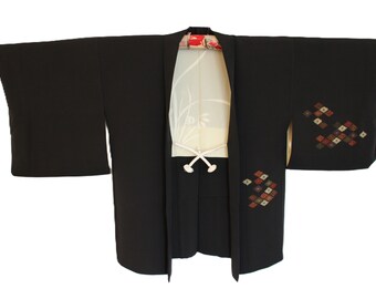 VINTAGE Medium Haori, Black Silk, Earthy Flowers with Embroidered and Gold Accents (H002)