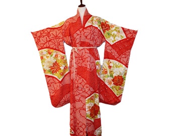 VINTAGE Silk Shibori Kimono, Blood Orange with Ornate Floral, Gold Details (K001)