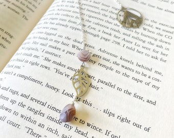 Botswana Agate Bookmark, Crystal Gemstone Bookmark Chain, Silver Leaf Bookmark, book lover gifts