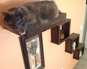 Set of Four: Three Floating Cat Cube Shelves and One Floating Cat Bed | Floating Cat Shelves | Cat Perch | Reclaimed Wood Shelves