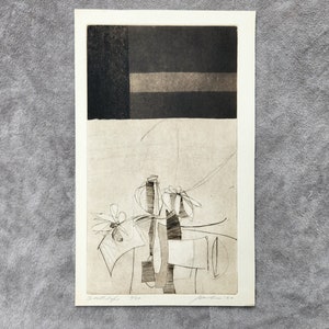 1960, mid century modern print, original abstract &quot;Still Life&quot; signed b&w etching, hand printed by the artist. From an edition of 20