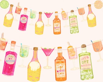 May include: A decorative garland featuring two rows of illustrated cocktail bottles and glasses. The bottles display text including Tini Bit Spritz, Just A Spritz Older, and Let's Get Spritzed. The illustrations include pink, orange, and green hues.