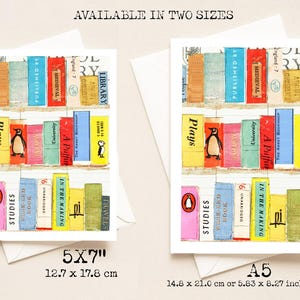 May include: Greeting cards featuring a colorful illustration of a bookshelf filled with books. The image includes the text "AVAILABLE IN TWO SIZES" and size details: 5x7 inches and A5 (5.83 x 8.27 inches).