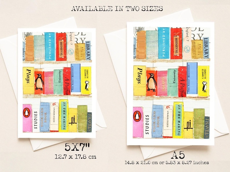 May include: Greeting cards featuring a colorful illustration of a bookshelf filled with books. The image includes the text "AVAILABLE IN TWO SIZES" and size details: 5x7 inches and A5 (5.83 x 8.27 inches).