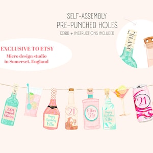“Custom 21st birthday banner with colourful alcohol bottle illustrations, cocktails and birthday sayings, personalised party decoration for adult celebrations and bar décor.”