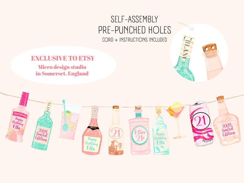 “Custom 21st birthday banner with colourful alcohol bottle illustrations, cocktails and birthday sayings, personalised party decoration for adult celebrations and bar décor.”