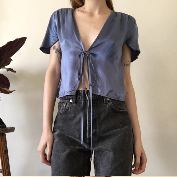 Silky Tie Front Top / short sleeve / sexy / lingerie / xs /