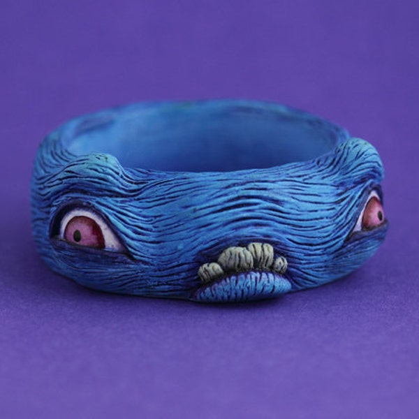 Monster creature bangle unique artist art jewellery sculpted sculpt resin jewelry teeth eyes funky odd weird cool awesome statement blue