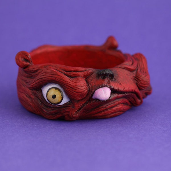 pug dog Monster creature bangle unique artist art jewellery sculpted sculpt resin jewelry teeth eyes funky odd weird cool statement red