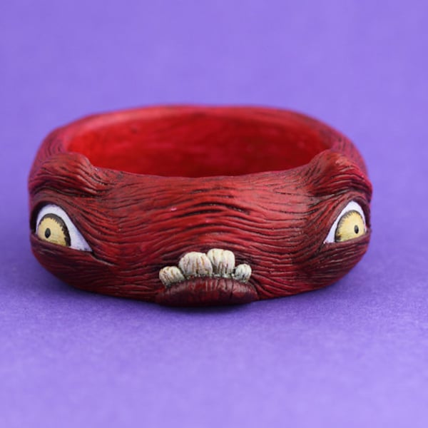 Monster creature bangle unique artist art jewellery sculpted sculpt resin jewelry teeth eyes funky odd weird cool awesome statement red