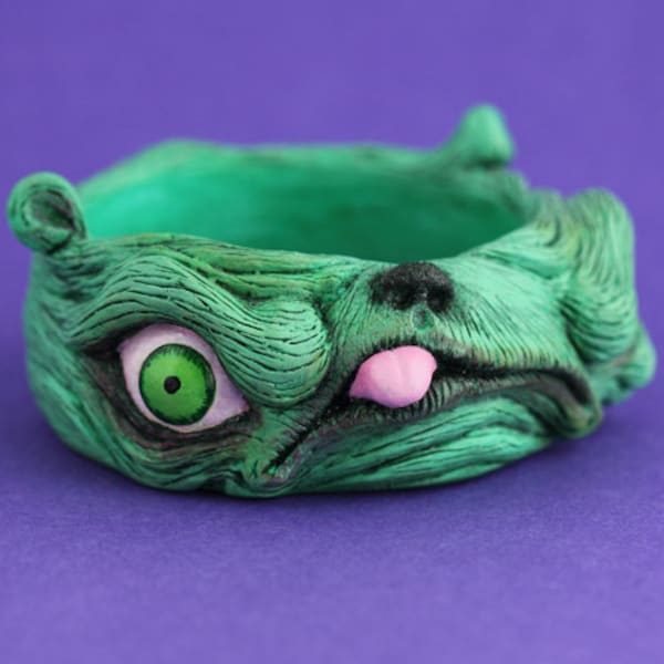 Monster pug dog creature bangle unique artist art jewellery sculpted sculpt resin jewelry teeth eyes funky odd weird cool statement green