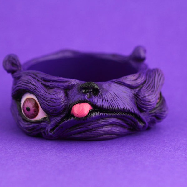 Creature bangle Monster pug dog unique artist art jewellery sculpted sculpt resin jewelry teeth eyes funky odd weird cool statement purple