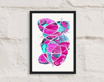 Museum-Qualität Matte Papier Holzgerahmte Poster von 'Fish Plural' Cerise Zeitgenössische Spaß Wallart macht ausgezeichnetes Geschenk Neues Zuhause oder Familie.