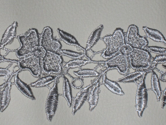 thread and organza high end embroidery floral trim for your fashionwedding design 2 yards in 2 34 width in silver color poly