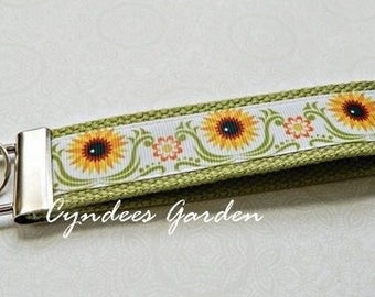 Sunflower Wristlet Key Chain Key Fob Key Holder Key Strap Key Ring - READY TO SHIP - Sunflowers - Green - Orange - Flowered - Pretty -Cyndee
