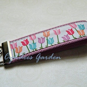 Tulip Key Chain Key Fob Wristlet - READY TO SHIP - Tulips - Key Strap - Key Ring - Flowers - Flower - Flowered - Pink - Blue - Spring-Cyndee