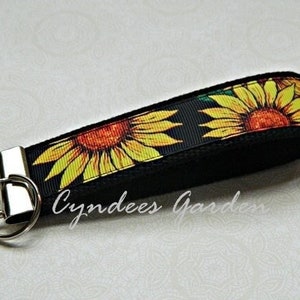Sunflower Wristlet Key Chain Key Fob Key Holder Key Strap Key Ring - READY TO SHIP - Sunflowers - Black - Orange - Flowered - Pretty -Cyndee