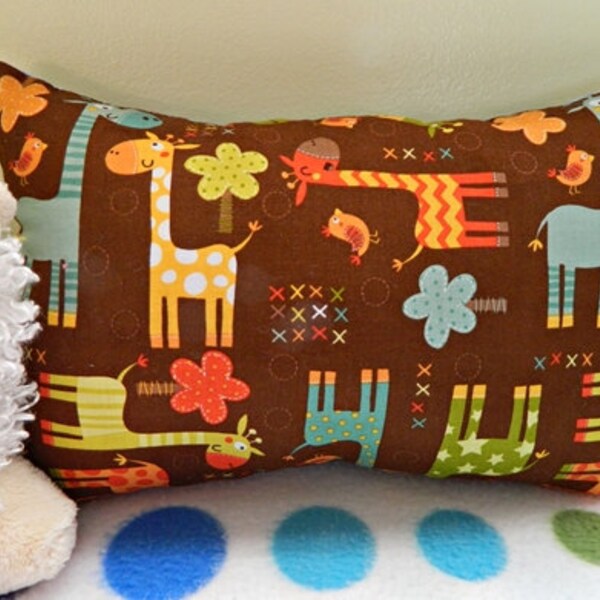 Childrens Small Pillow - READY TO SHIP - Travel - Giraffe - Decorative - Cotton - Flannel - Blue - Yellow - Toddler - Pillows - Cute -Cyndee