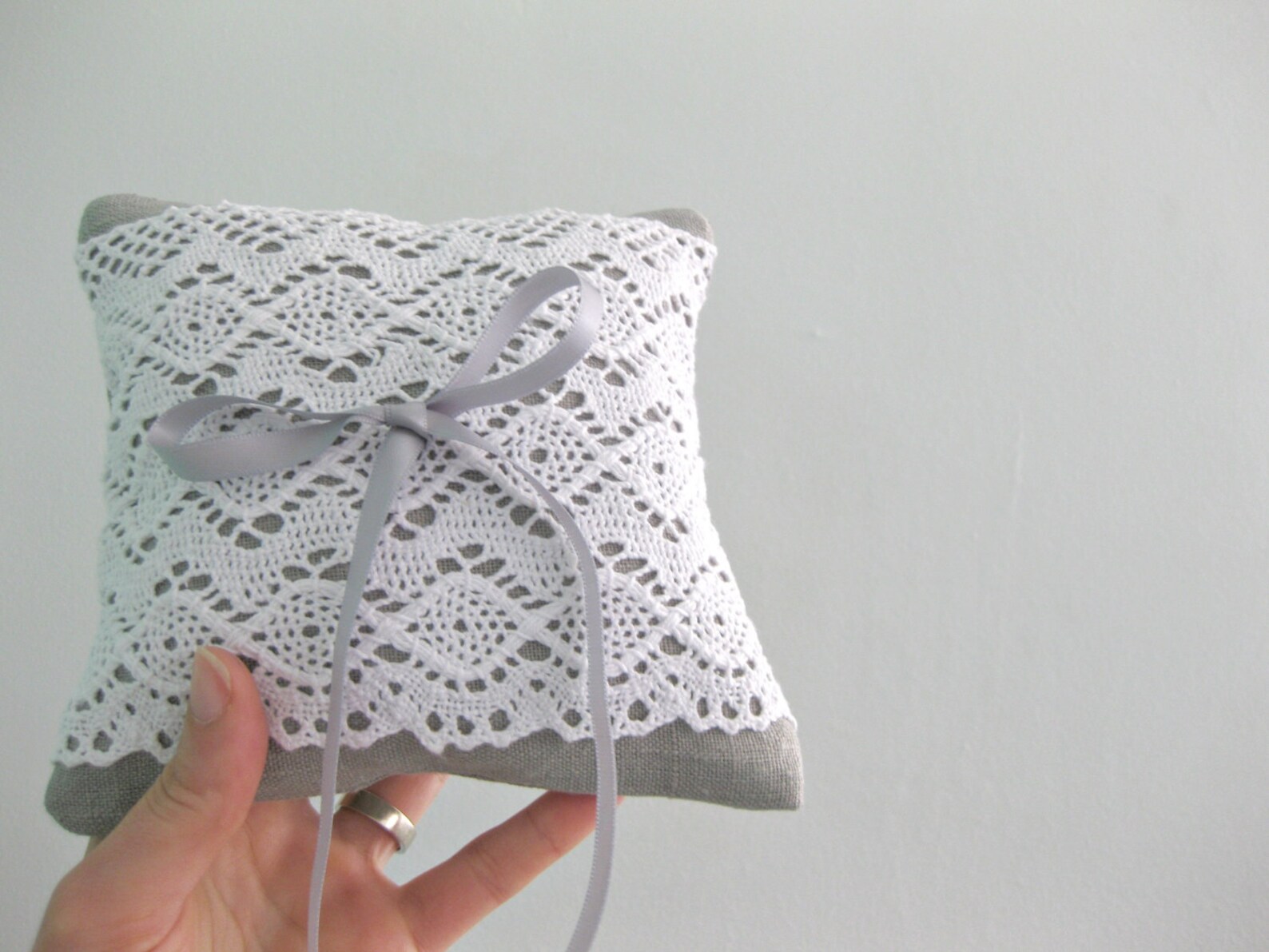 Grey Rustic Chic Wedding Ring Cushion With Large White Lace - Etsy