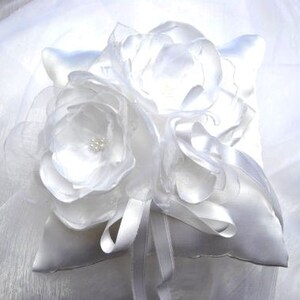 white wedding ring cushion with romantic handmade flowers in satin and organza image 1