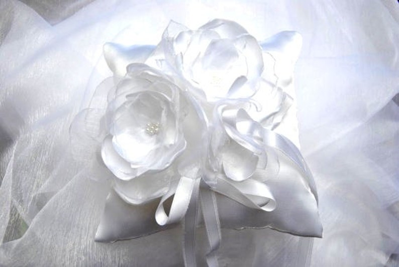 white wedding ring cushion with romantic handmade flowers in satin and organza image 1