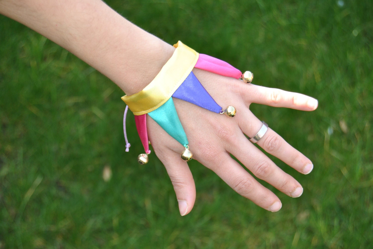 Colourful Carnival Satin Jester Bracelet With Jingle Bells