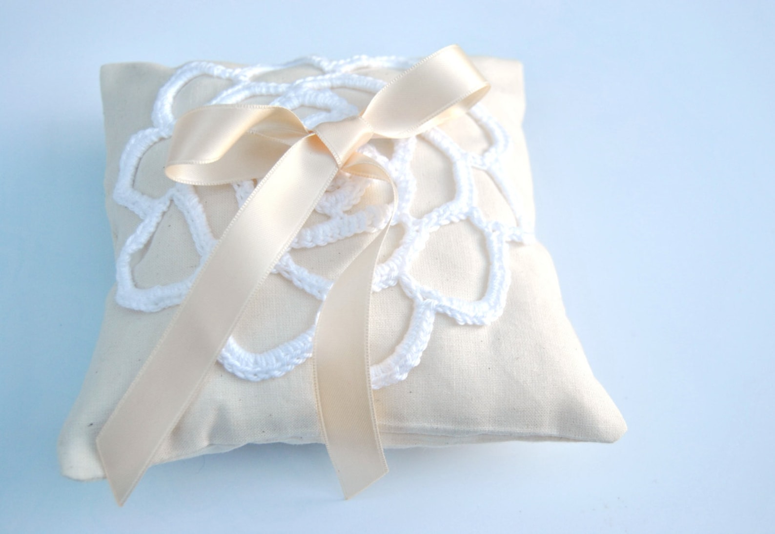 Ecru Rustic Chic Wedding Ring Cushion in Calico Cotton With White